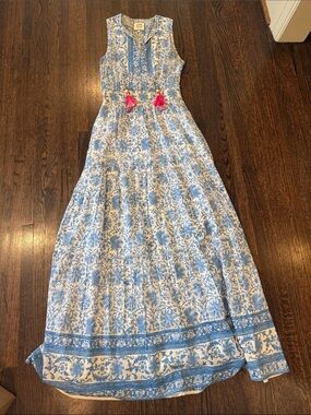 Bell By Alicia Bell Blue Print Maxi Dress with Pink Tassels